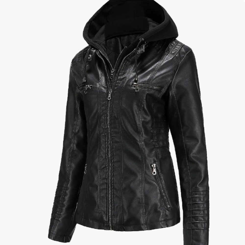 NEW, NEVER WORN Tagoo Faux Leather Jacket Women Motorcycle Coat, removable hood